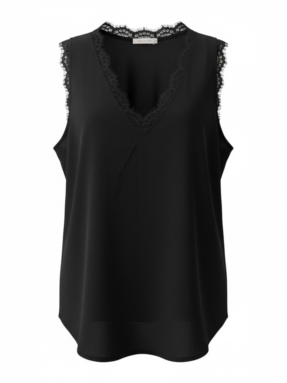 Lace-Trim V-Neck Sleeveless Chemise Top - Black
